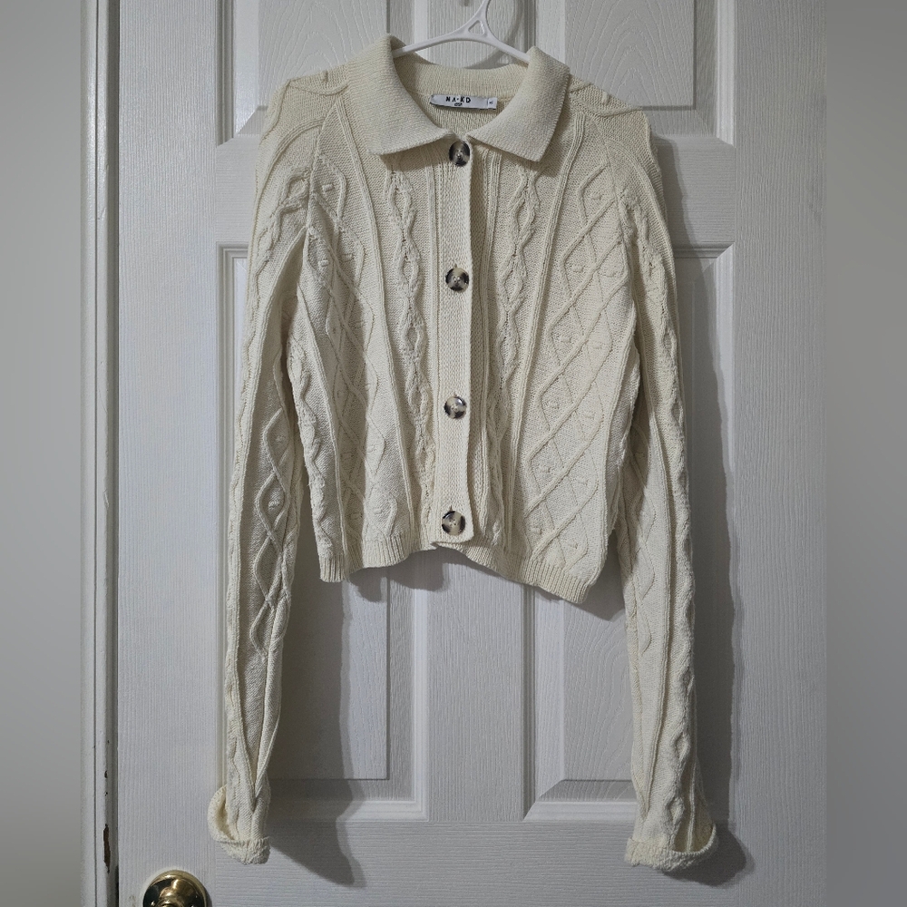 NA-KD Collared Button Front Cropped Cable Knit Cardigan Sweater, Size XS, EUC!